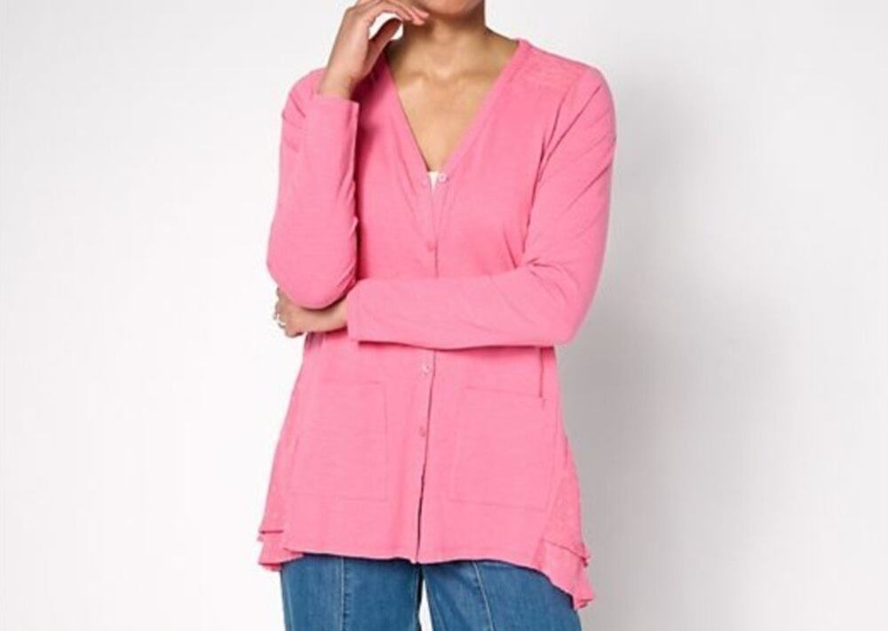 Logo Lori Goldstein Size 1X Pink Peony Knit Cardigan Clip Dot Trim A689378 NWOT